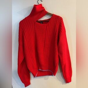 ANNA OCTOBER Women’s Red 100% Merino Wool Chunky Knit Cut Out Turtleneck Sweater